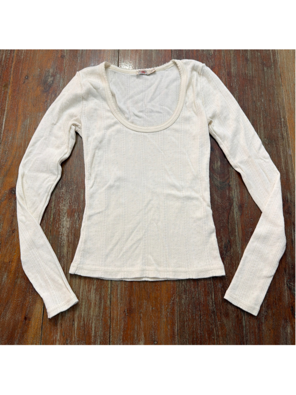 Faherty Cotton Pointelle Scoop Neck Top Cream Picot Trim XS Basic Minimalist